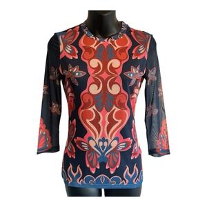 NEW Johnny Was XS‎ Kaia Mesh Tee T-Shirt Women's Blue Pink Symmetrical Ryland